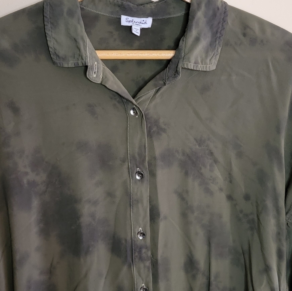 Splendid | Army Green Blotchy Tie Dye Button Down Shirt Size XS - Picture 3 of 6